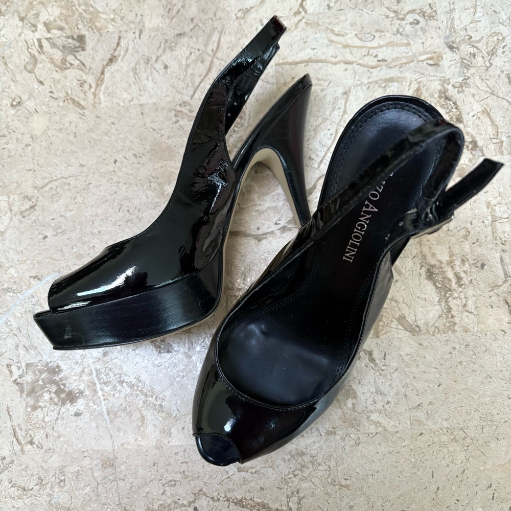 Elegant Black Patent Leather Slingback Starlite Open Toe High Heel Size 6M